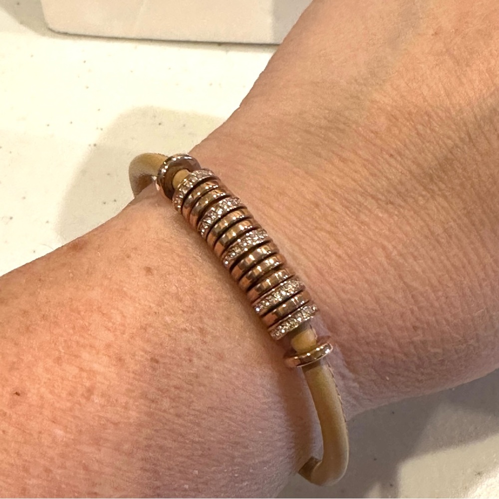 FOSSIL Bracelet tan leather w/ copper tone discs & rhondelle w/ clear rhinestone
